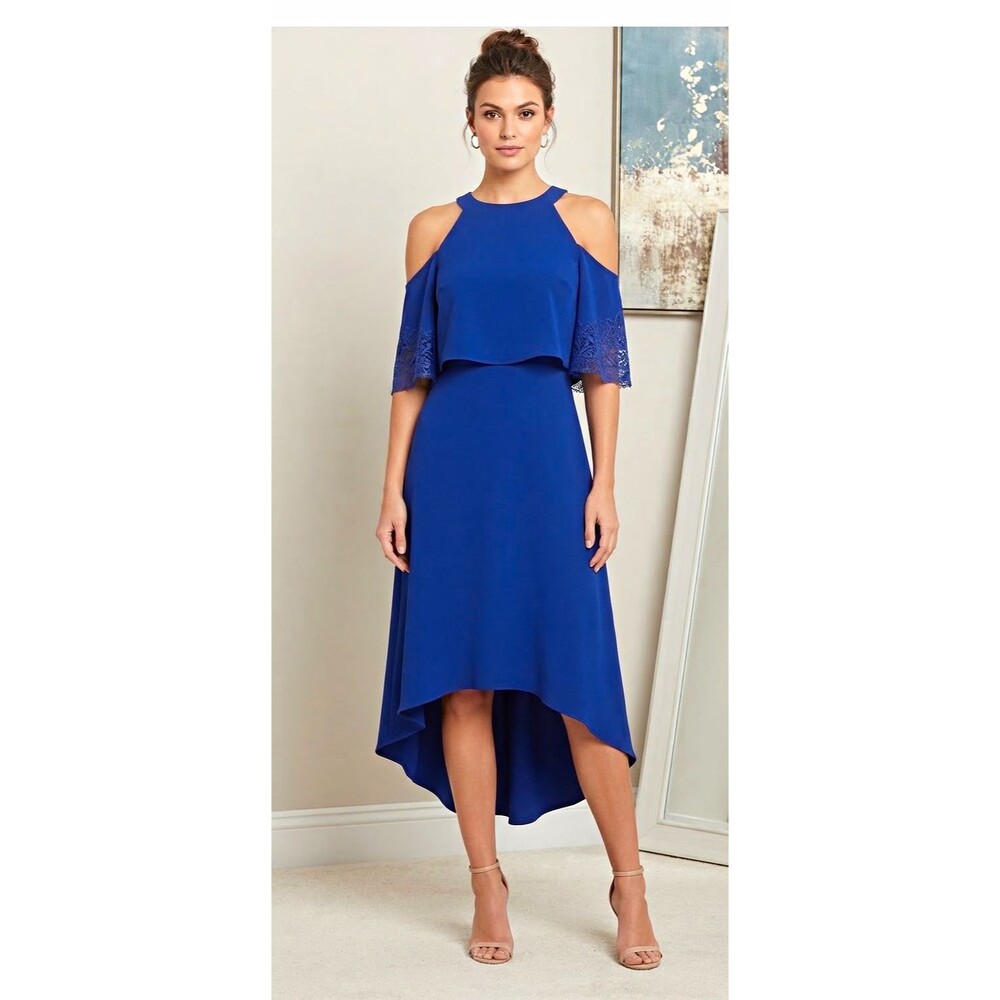 Antonio Melani Blue Lace Cold Shoulder Hi-Low Halter Dress